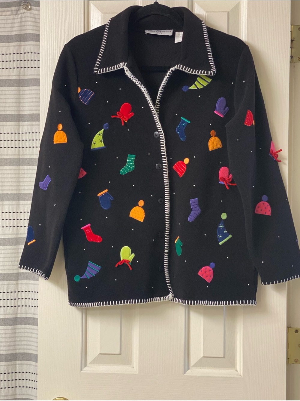 Marisa Christina Button Down Embroidered Appliqué Colorful Winter Motifs Size S